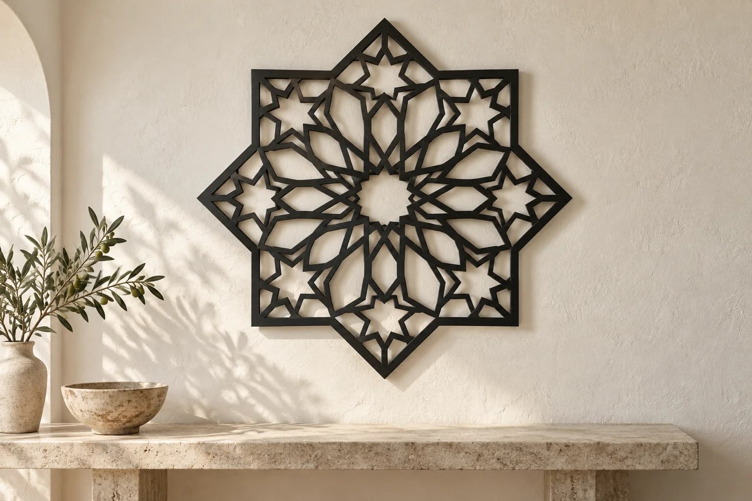 Illustrative eight-point geometric metal rosette on a textured plaster wall; no religious text