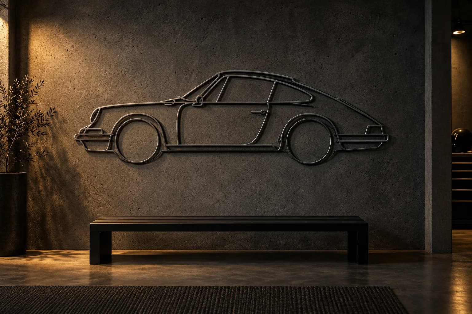 Illustrative unbranded coupe silhouette in black metal on a charcoal wall